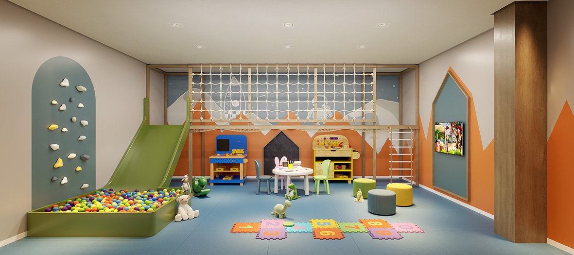 Brinquedoteca climatizada com brinquedos educativos e ambiente lúdico