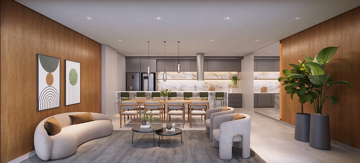 Espaço Gourmet climatizado com mobiliário de alto padrão para receber amigos