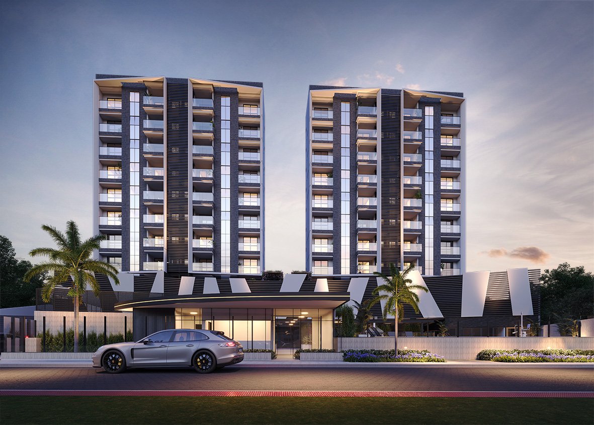 Fachada noturna do Macan Residence com iluminação de destaque e design sofisticado
