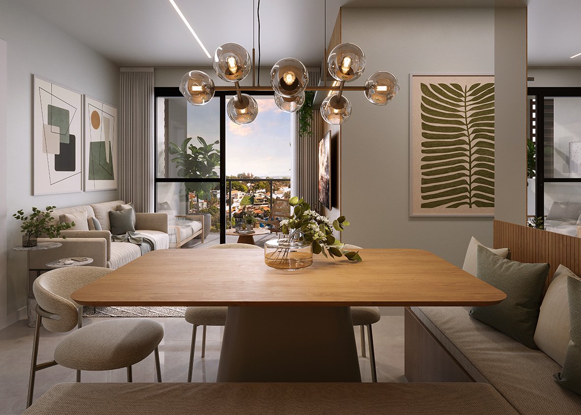 Living integrado amplo com sala de estar, jantar e acabamento em gesso