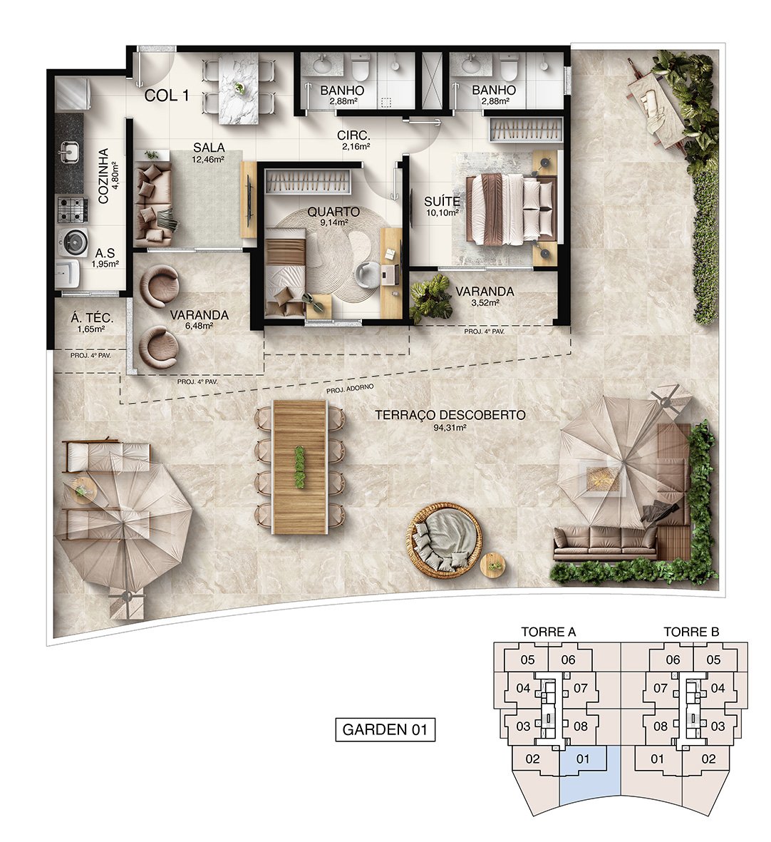 Planta Humanizada Garden 01 - 2 Quartos com Suíte - Macan Residence