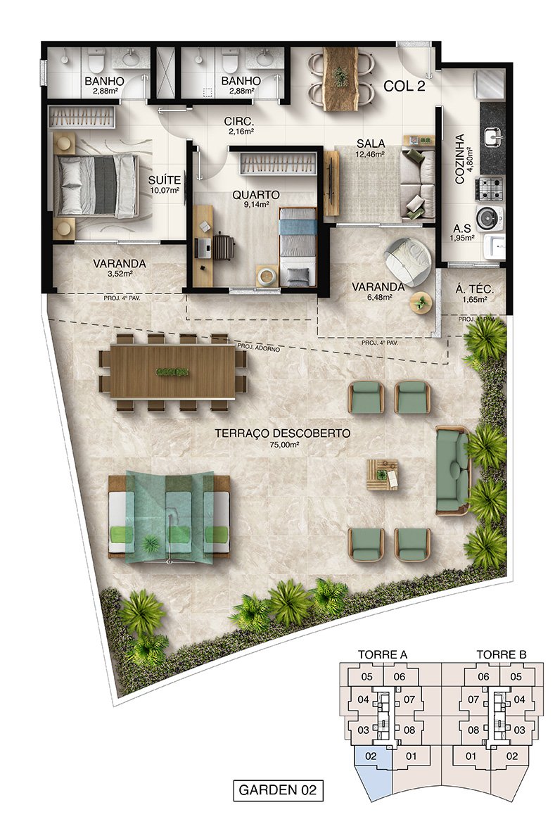 Planta Humanizada Garden 02 - 2 Quartos com Suíte - Macan Residence