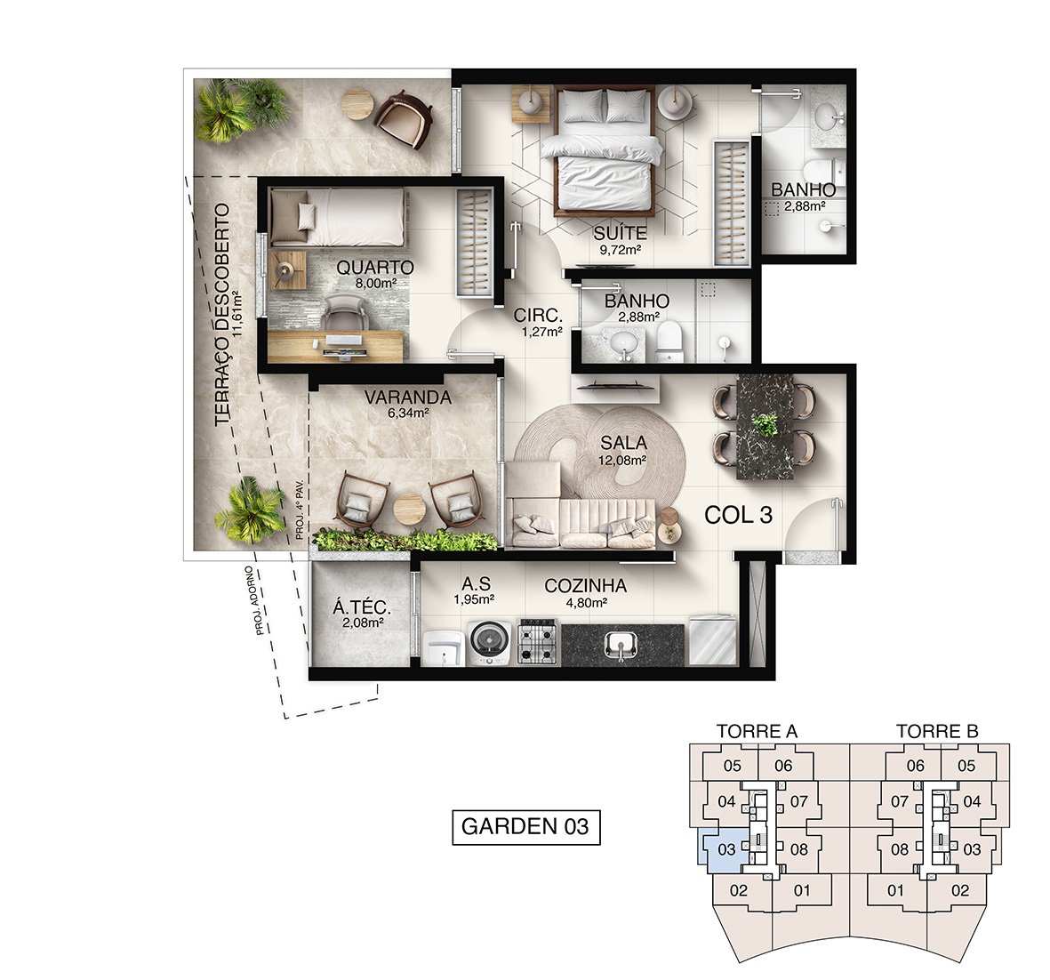 Planta Humanizada Garden 03 - 2 Quartos com Suíte - Macan Residence