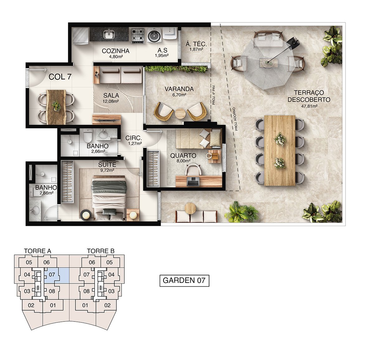 Planta Humanizada Garden 07 - 2 Quartos com Suíte - Macan Residence