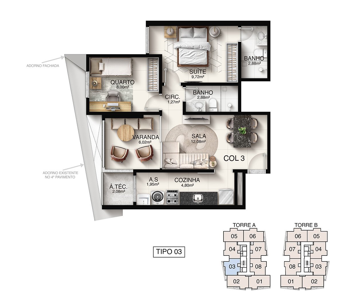 Planta Humanizada Tipo 03 - 2 Quartos com Suíte (60,04 m²) - Macan Residence