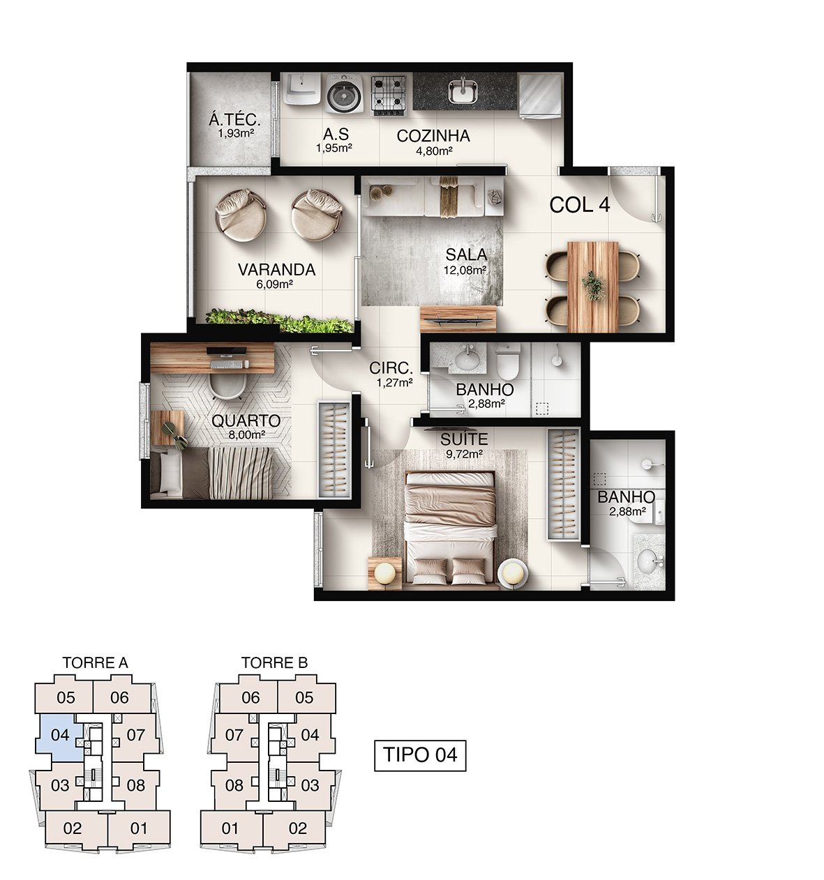 Planta Humanizada Tipo 04 - 2 Quartos com Suíte (59,83 m²) - Macan Residence