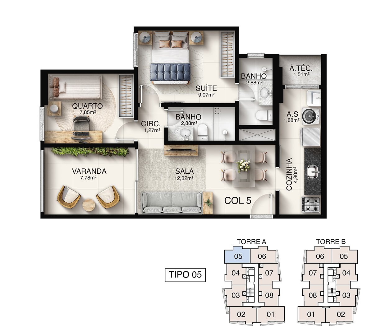 Planta Humanizada Tipo 05 - 2 Quartos com Suíte (60,58 m²) - Macan Residence