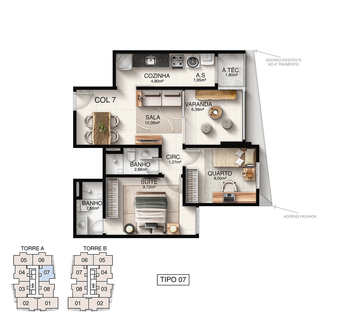 Planta Humanizada Tipo 07 - 2 Quartos com Suíte (59,58 m²) - Macan Residence