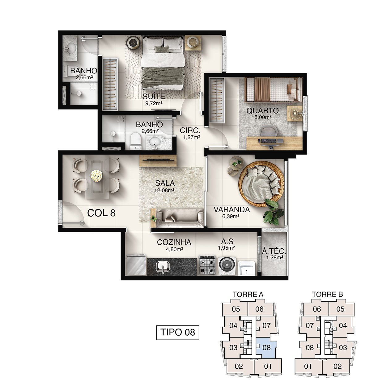 Planta Humanizada Tipo 08 - 2 Quartos com Suíte (59,03 m²) - Macan Residence