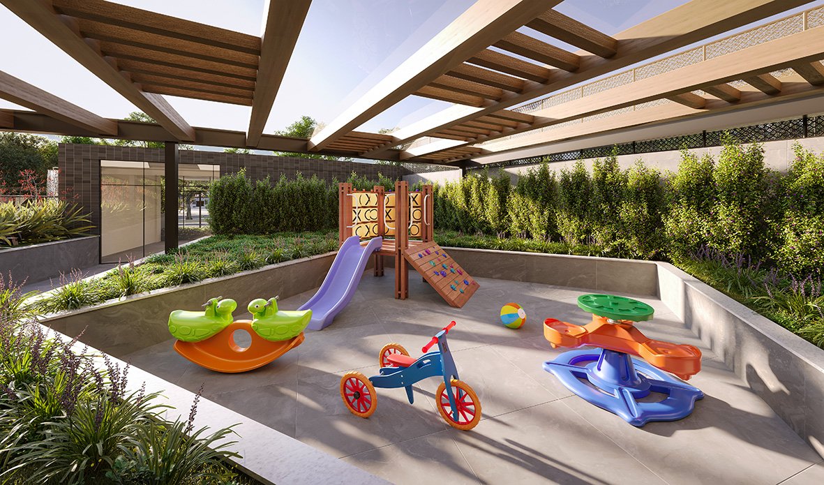 Playground infantil ao ar livre sobre piso emborrachado e seguro