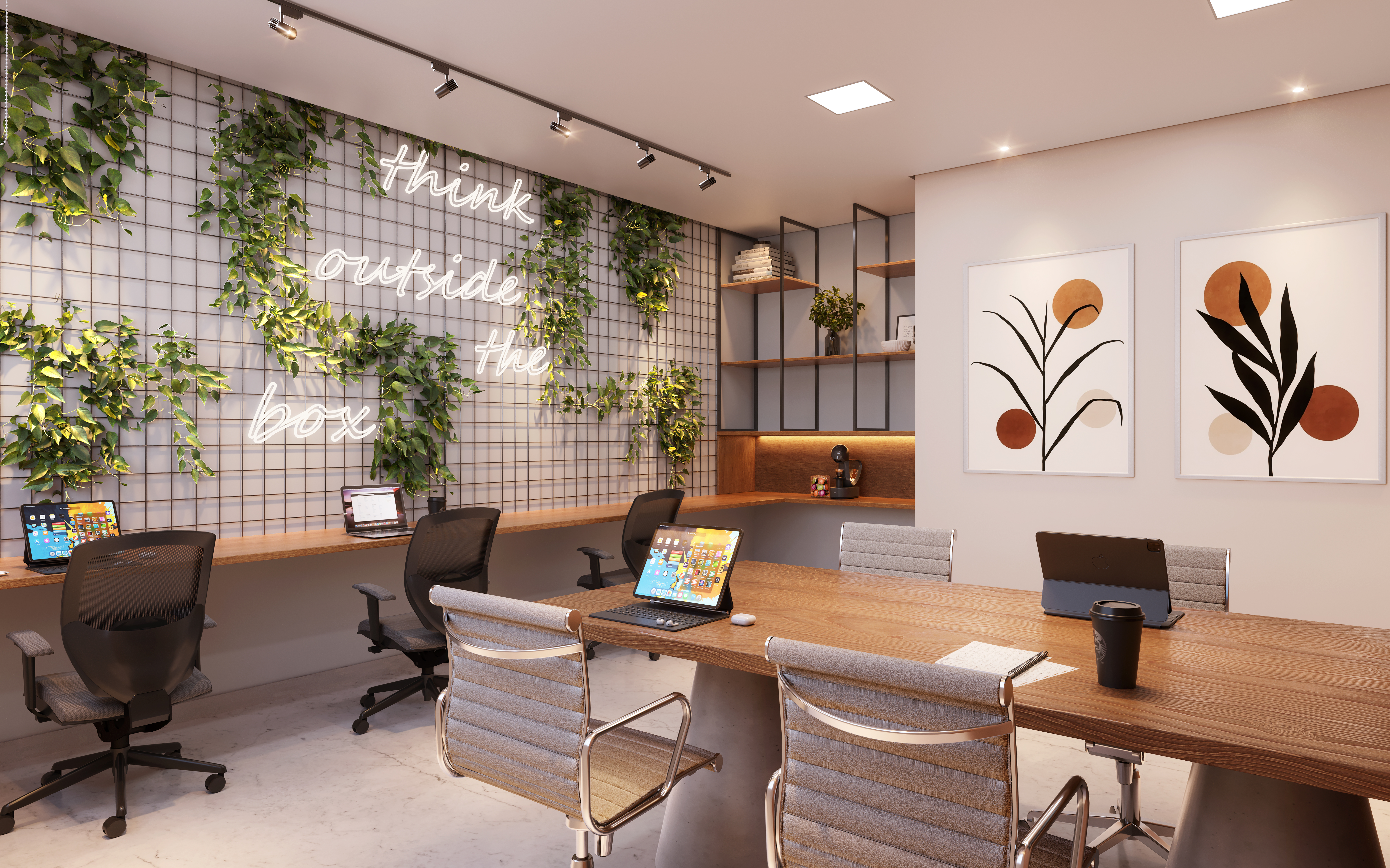 Espaço Coworking climatizado com bancadas para home office