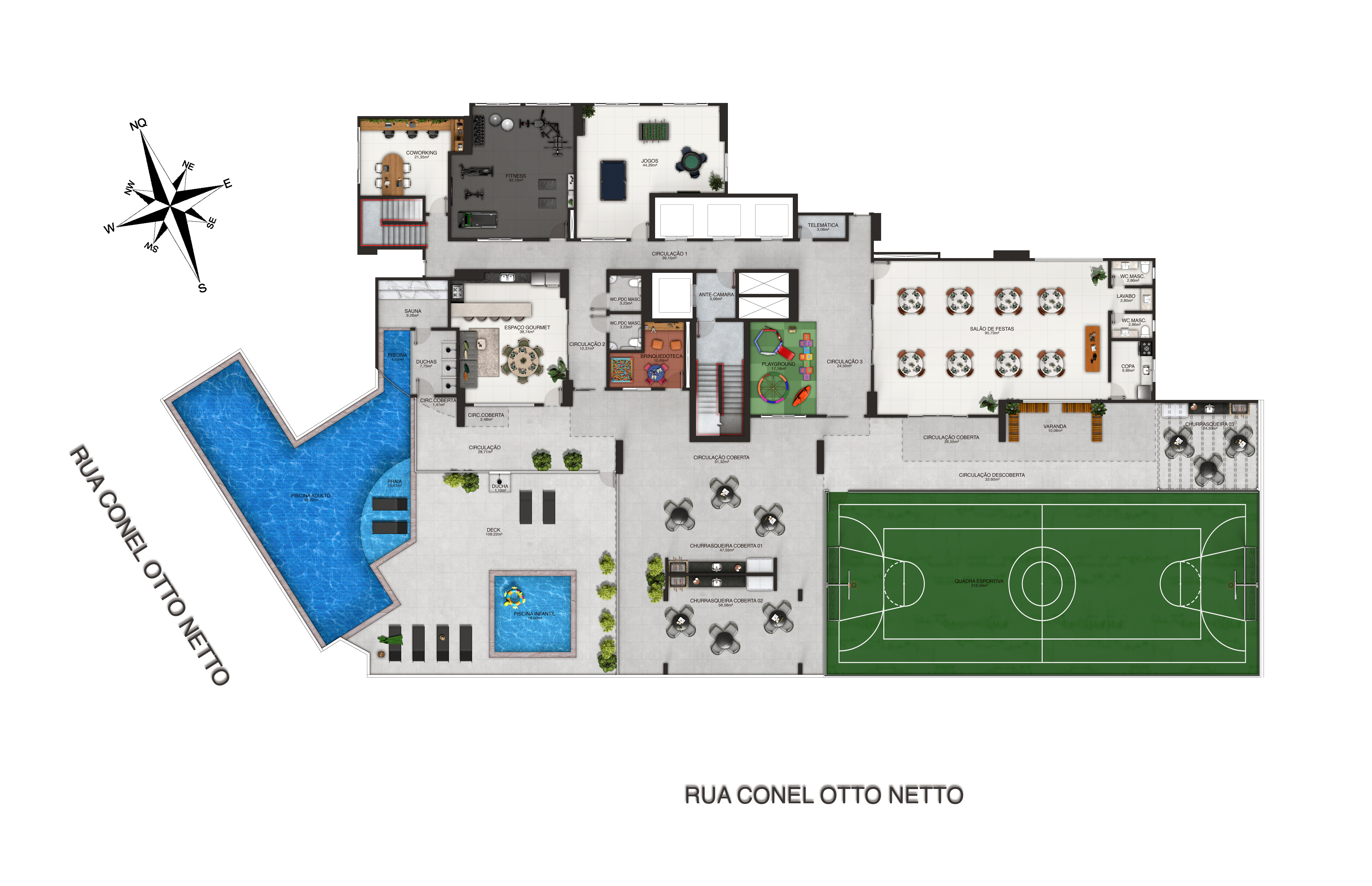 Planta geral de implantação do resort de lazer de 1.235 m²