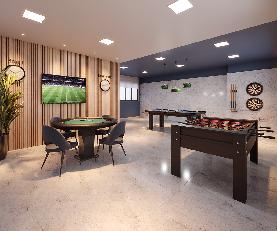 Sala de Jogos climatizada com mesa de sinuca e jogos