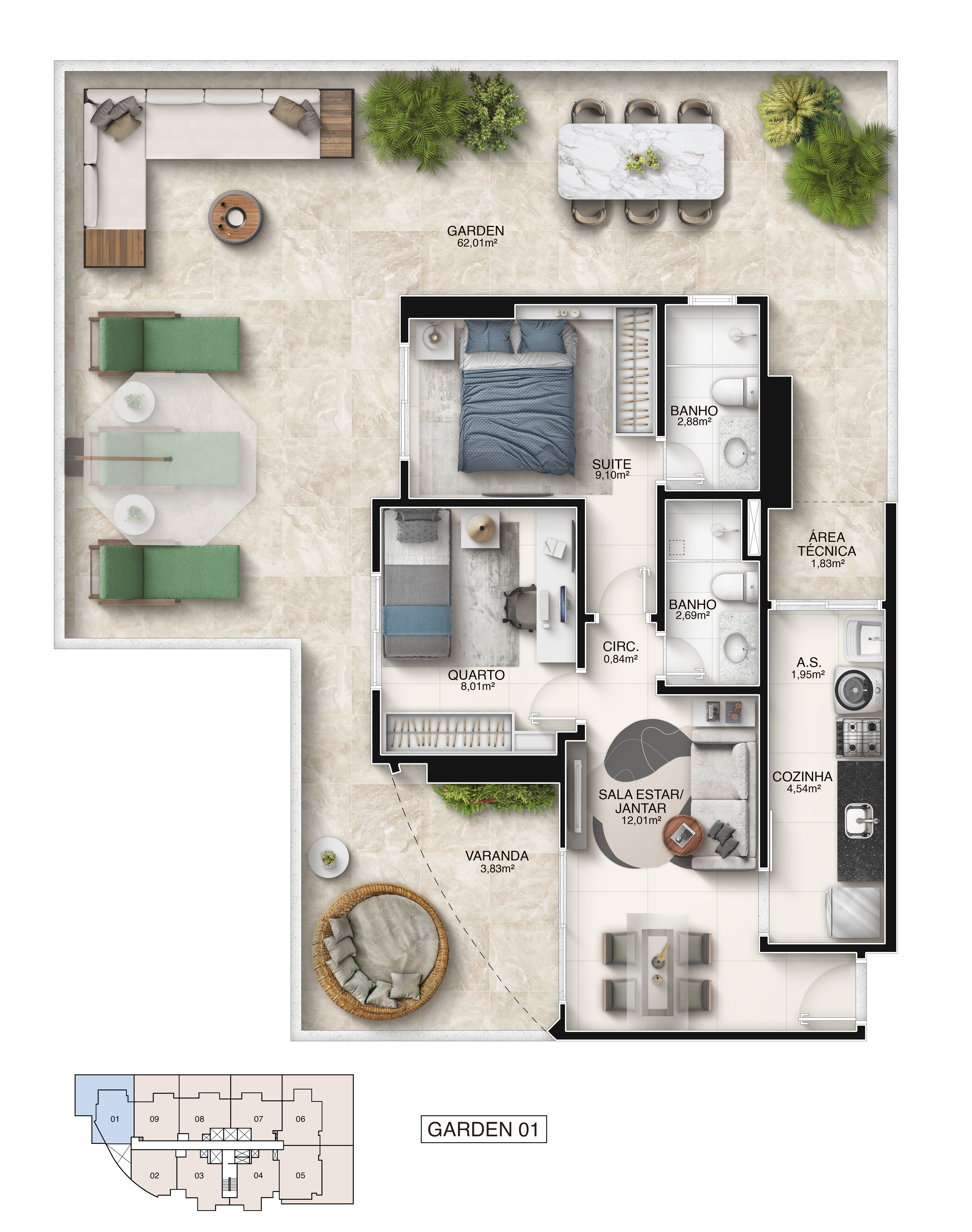 Planta Garden Coluna 01 - 2 Quartos 123,35 m² - Píer Boulevard