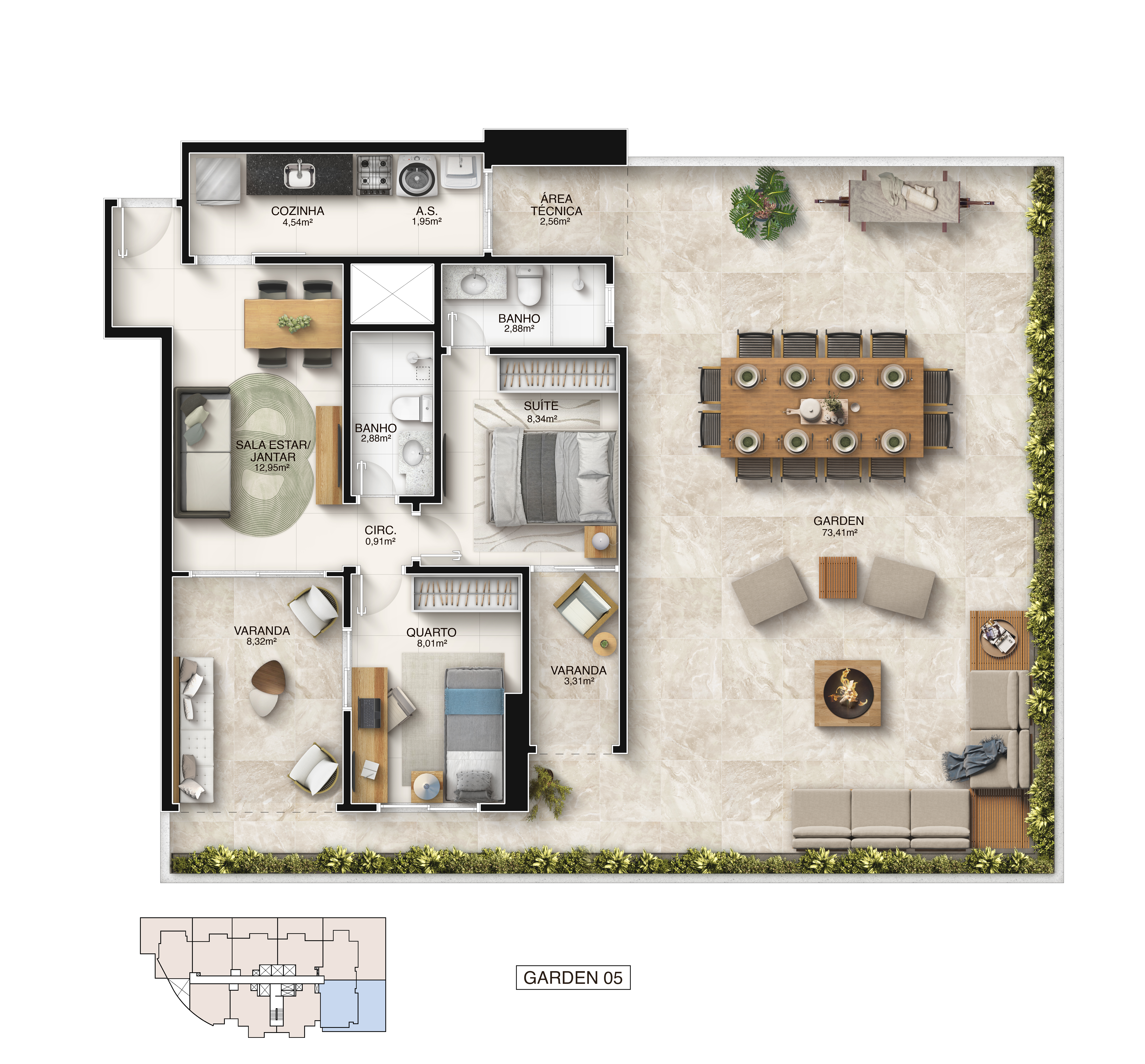 Planta Garden Coluna 05 - 2 Quartos 143,53 m² - Píer Boulevard