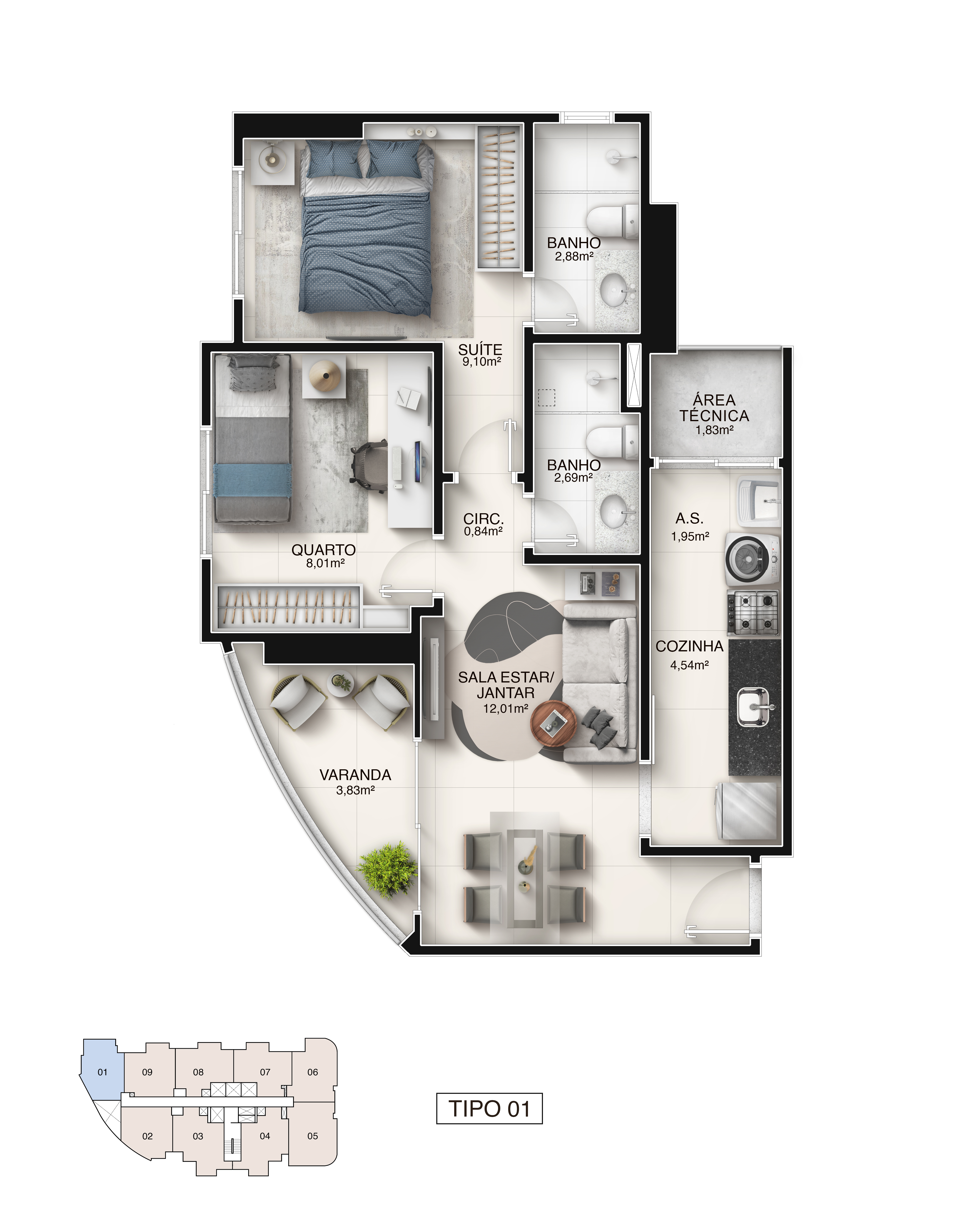 Planta Tipo Coluna 01 - 2 Quartos com Suíte 56,25 m² - Píer Boulevard