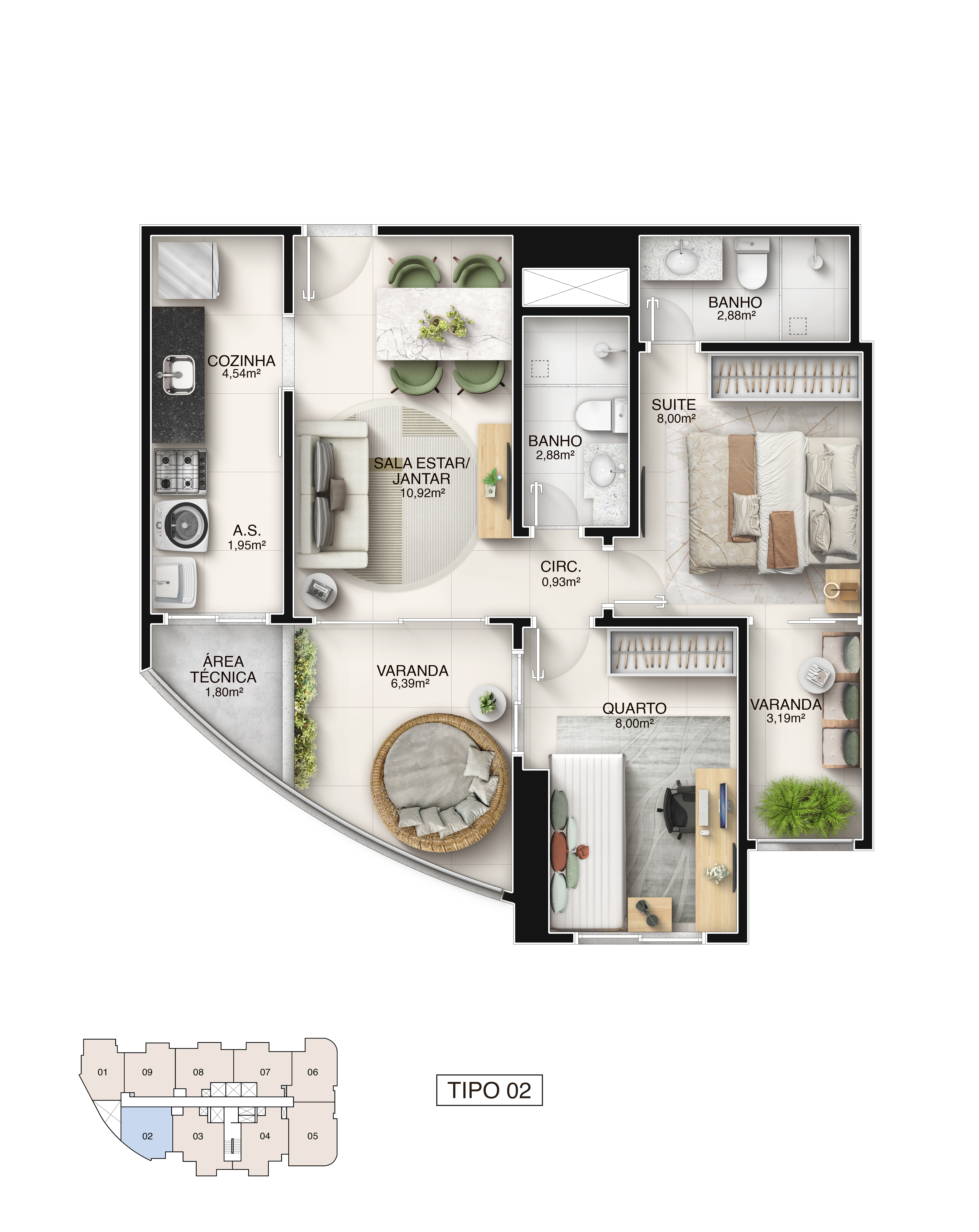 Planta Tipo Coluna 02 - 2 Quartos com Suíte 60,51 m² - Píer Boulevard