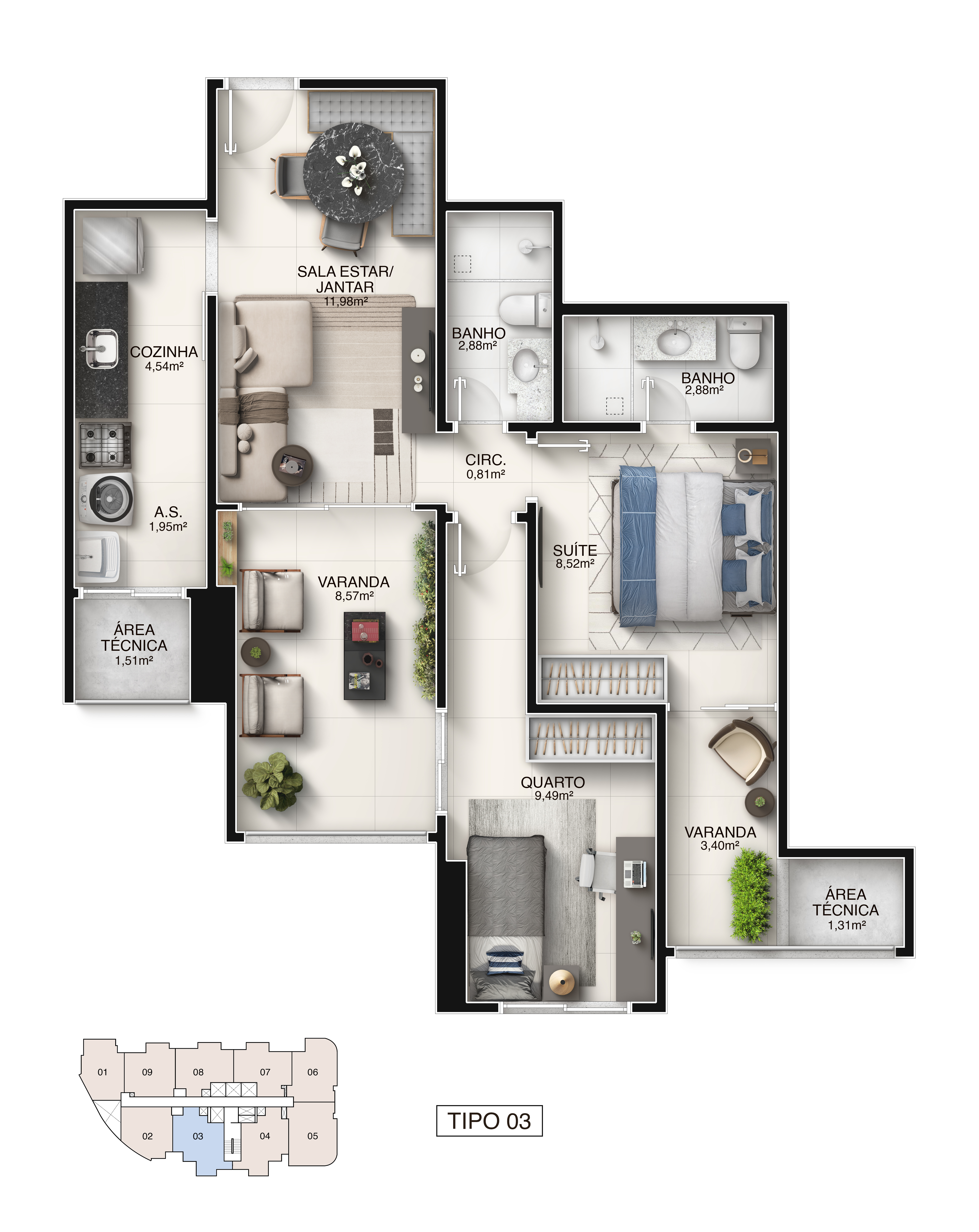 Planta Tipo Coluna 03 - 2 Quartos com Suíte 67,66 m² - Píer Boulevard