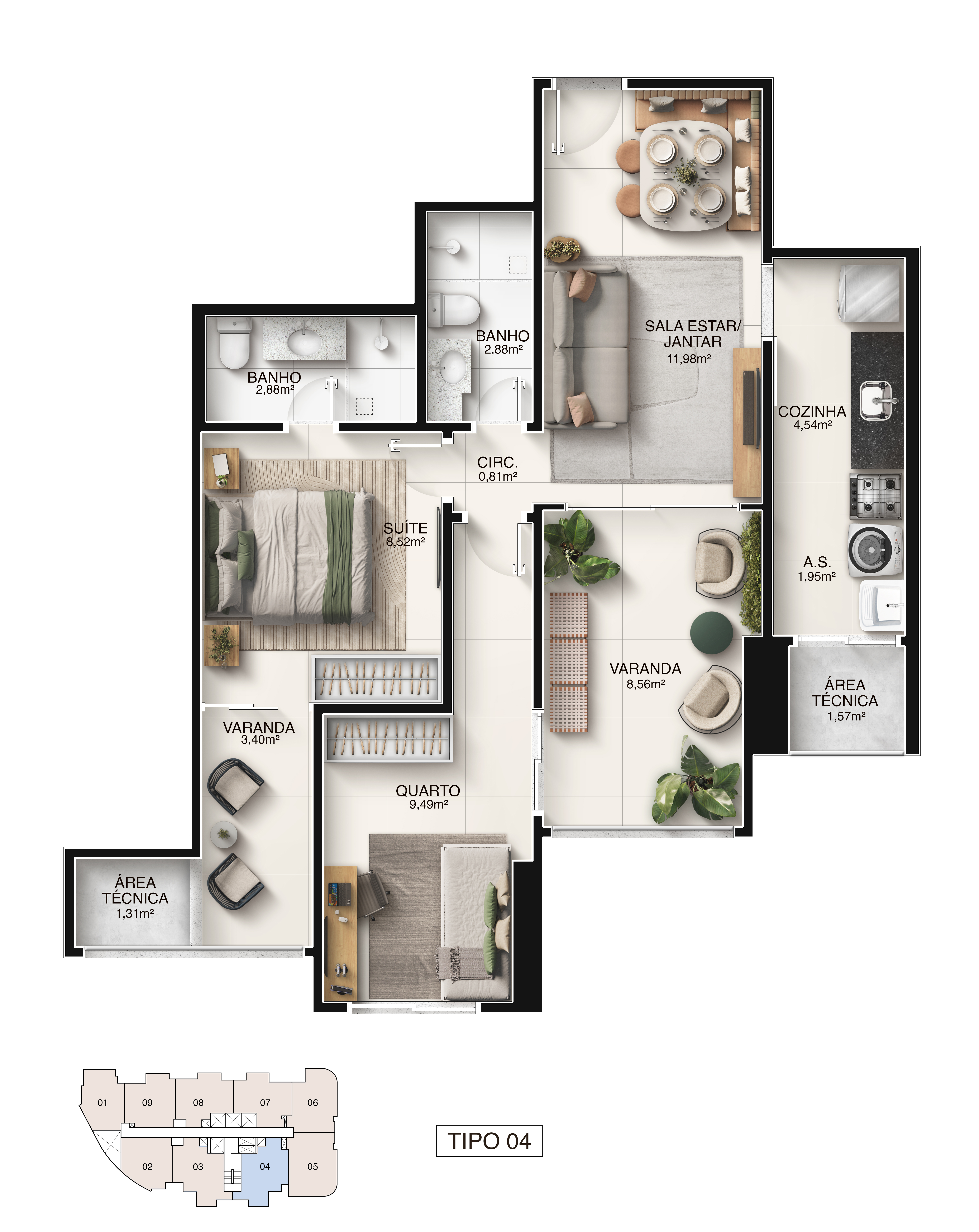 Planta Tipo Coluna 04 - 2 Quartos com Suíte 67,49 m² - Píer Boulevard