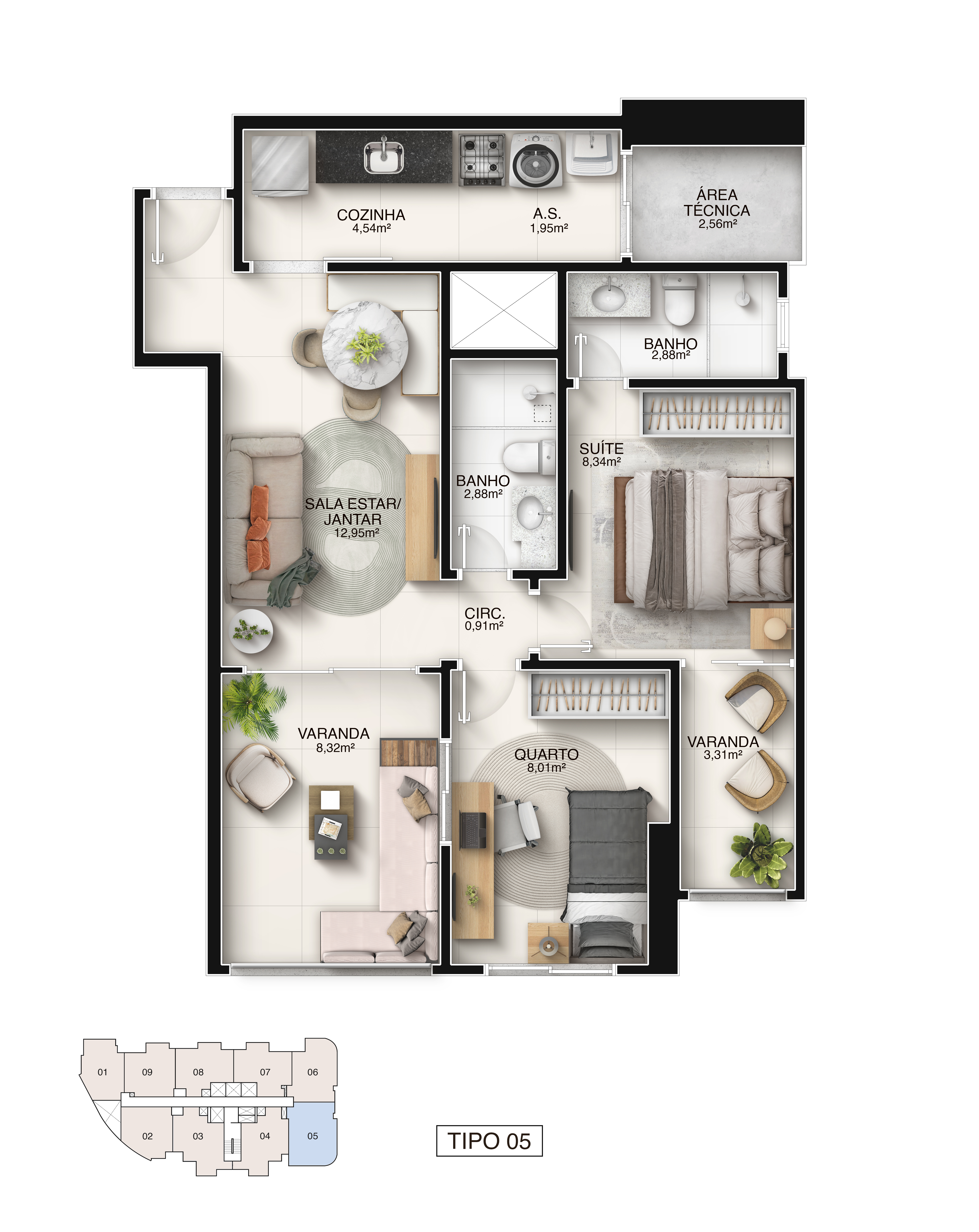 Planta Tipo Coluna 05 - 2 Quartos com Suíte 66,22 m² - Píer Boulevard