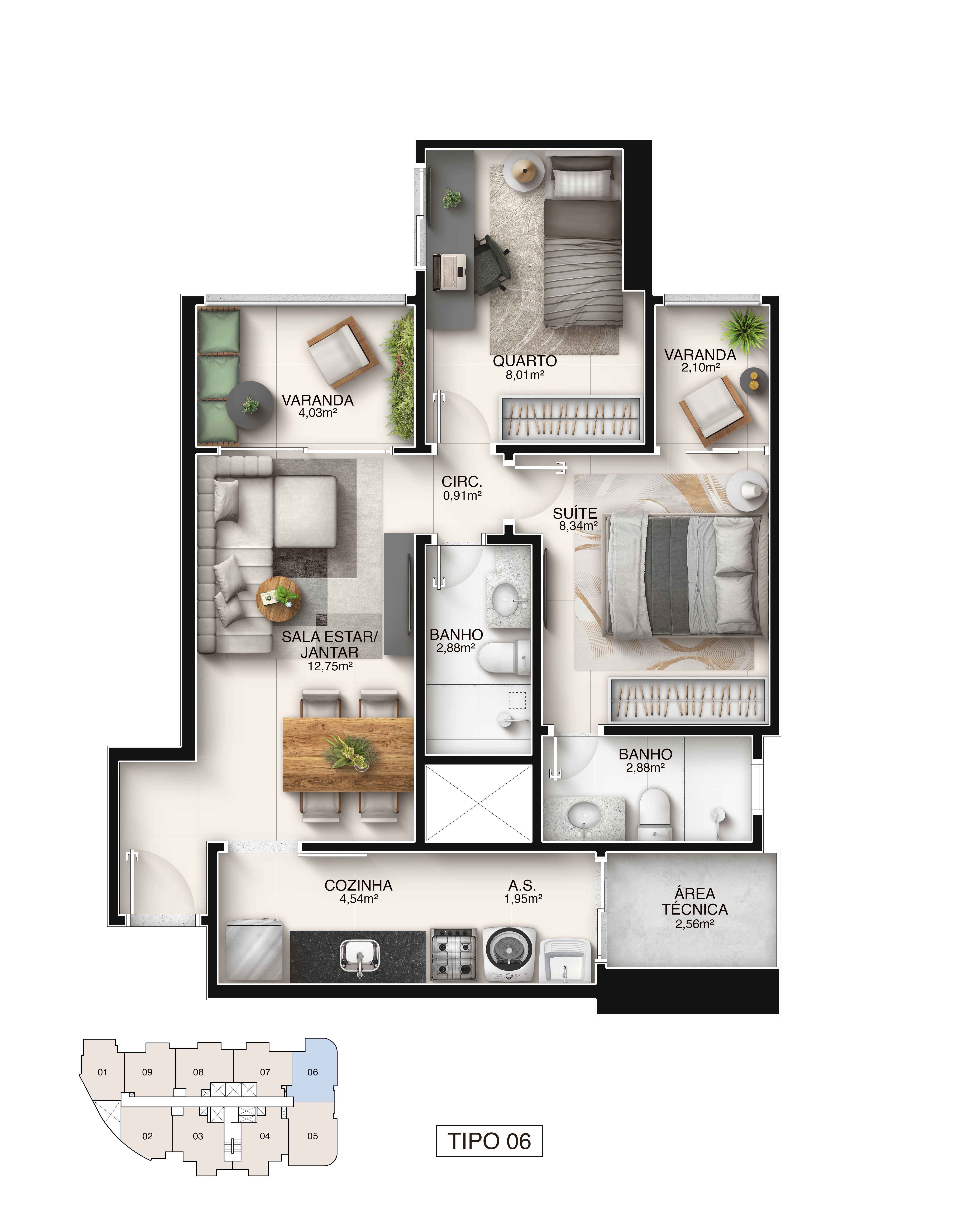 Planta Tipo Coluna 06 - 2 Quartos com Suíte 60,08 m² - Píer Boulevard
