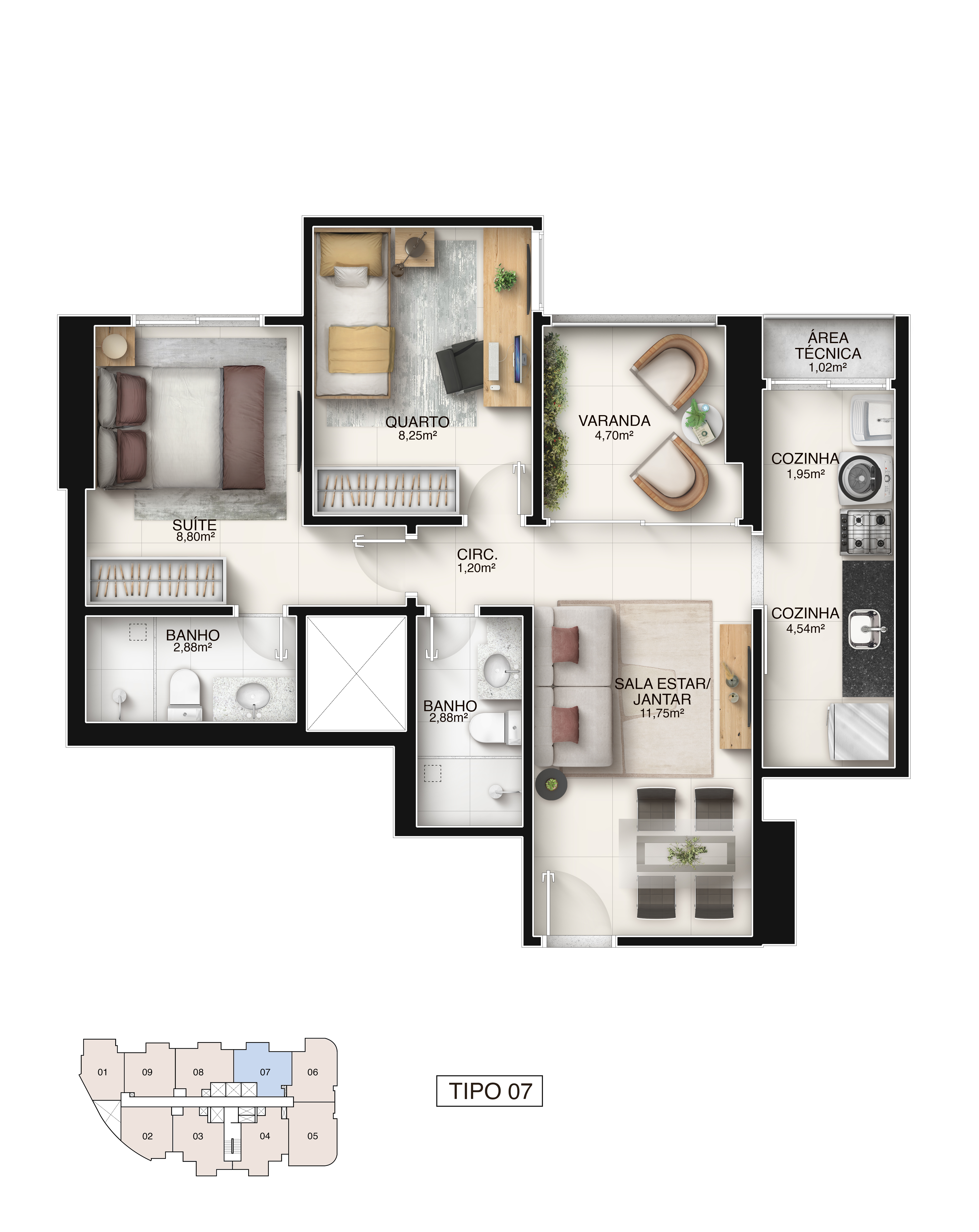 Planta Tipo Coluna 07 - 2 Quartos com Suíte 56,54 m² - Píer Boulevard