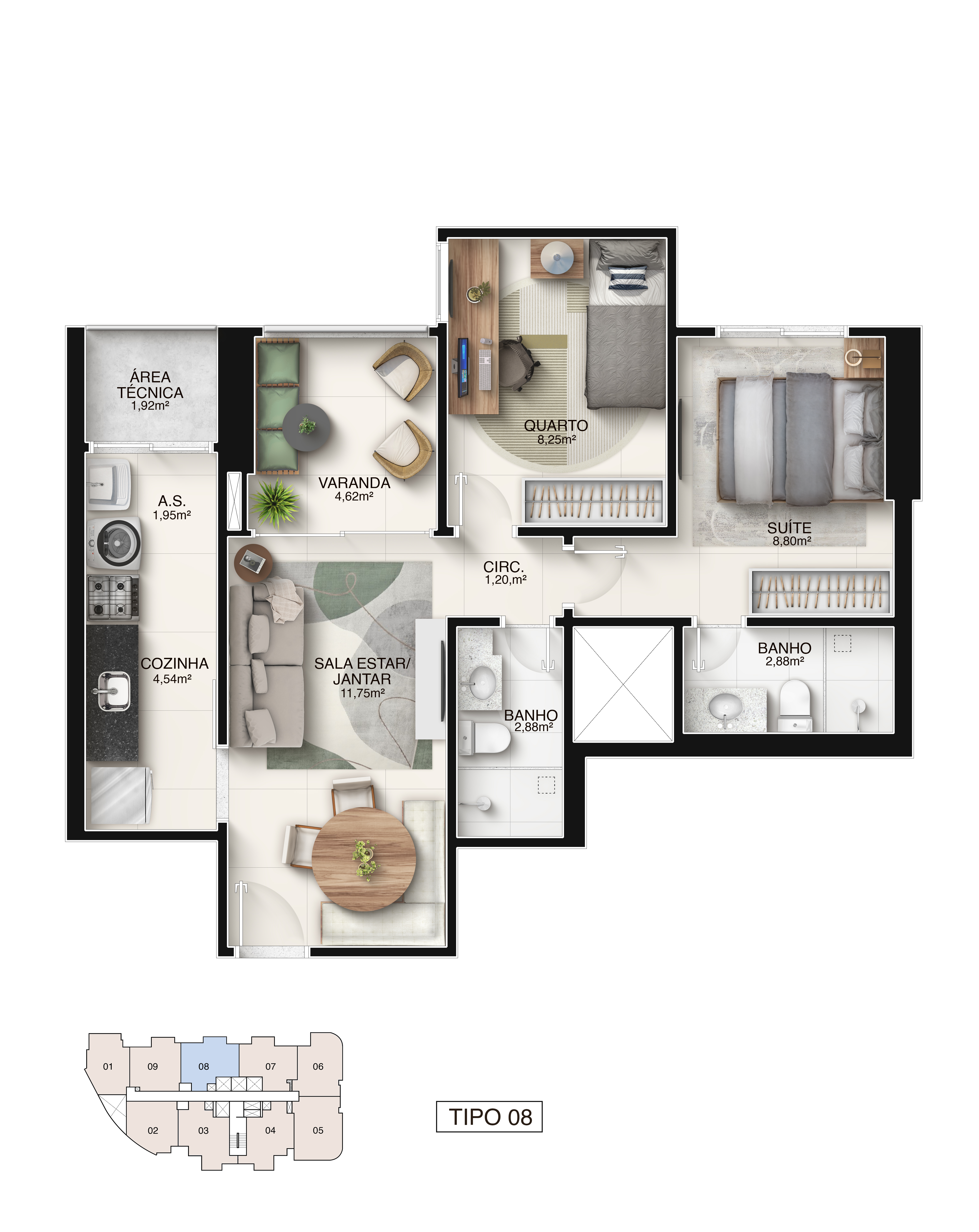Planta Tipo Coluna 08 - 2 Quartos com Suíte 57,72 m² - Píer Boulevard