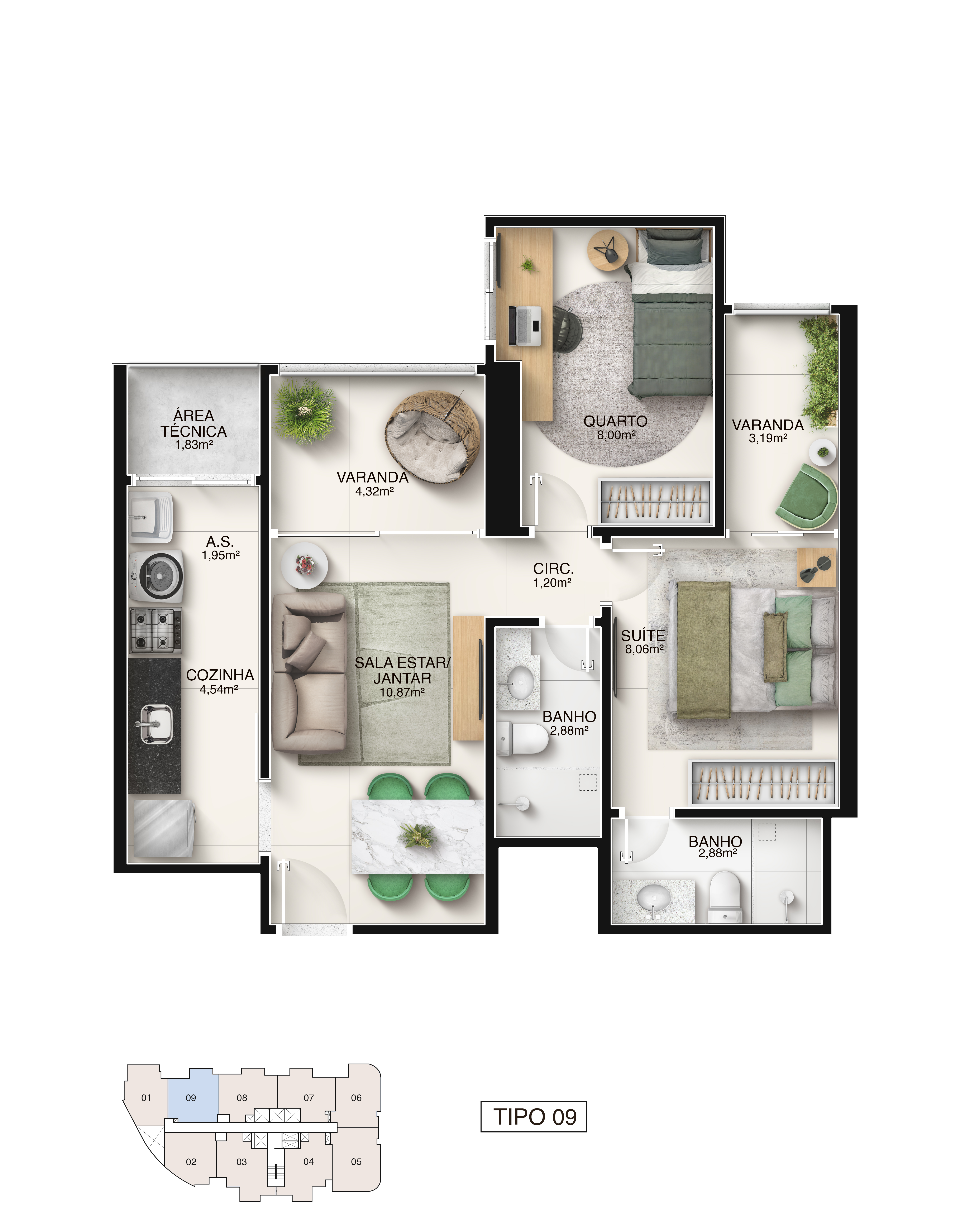Planta Tipo Coluna 09 - 2 Quartos com Suíte 58,37 m² - Píer Boulevard