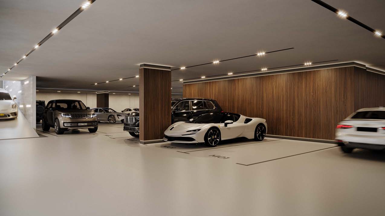 Painel arquitetônico de acabamento nobre no pavimento de garagens