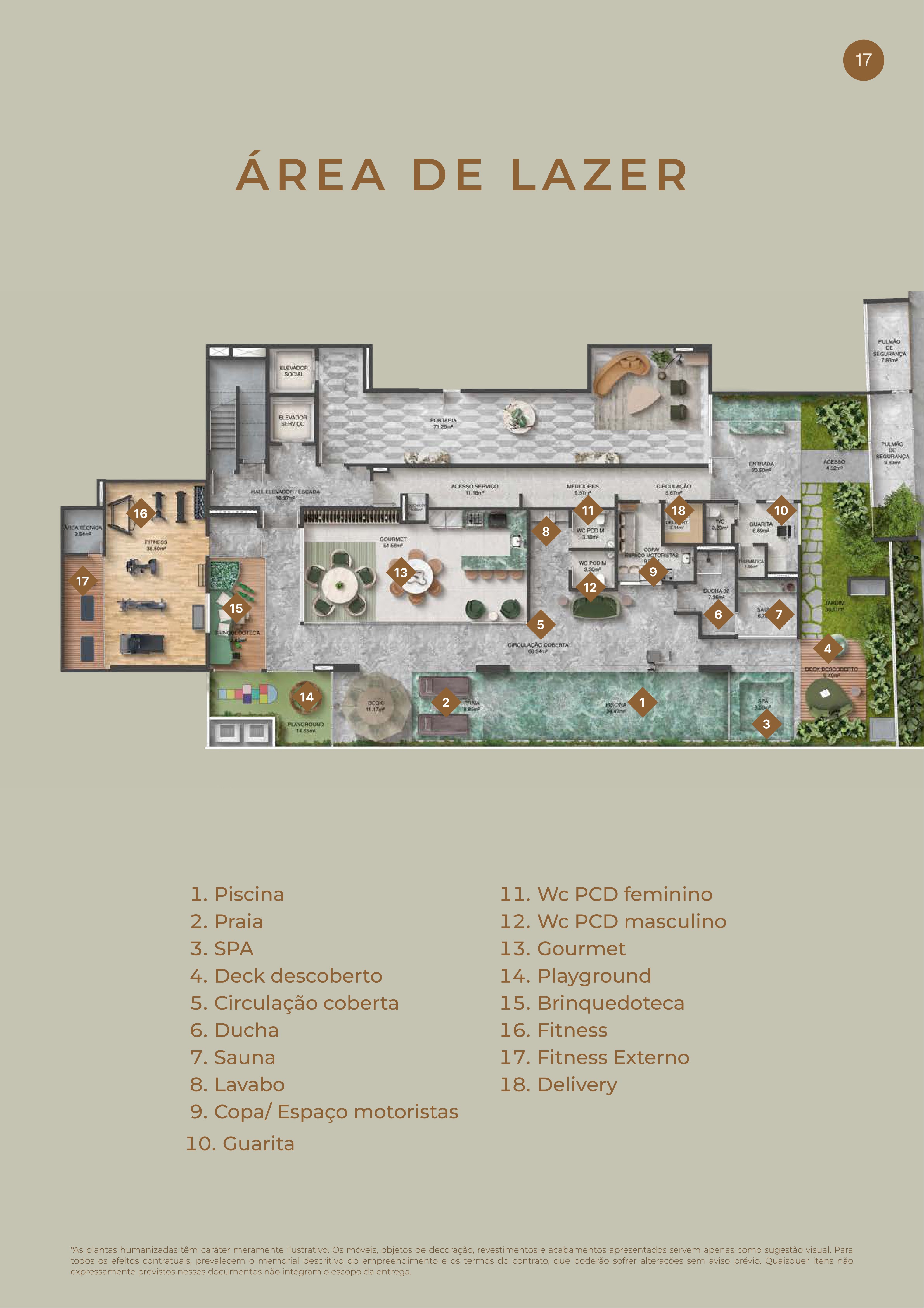 Planta de implantação da área de lazer com piscina, spa, sauna, gourmet e fitness